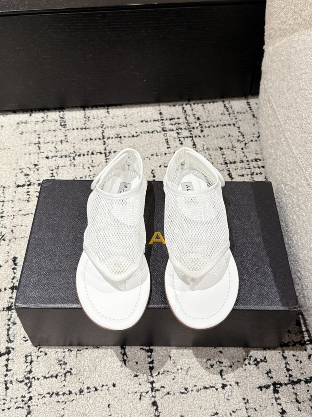 ALAIA White Mesh Ankle Wrap Thong Flat Sandals
